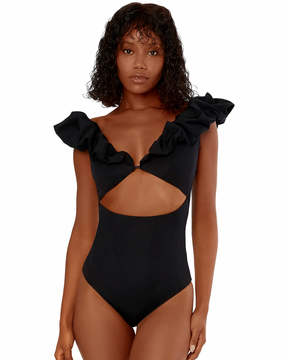 Black ruffle cheap one piece